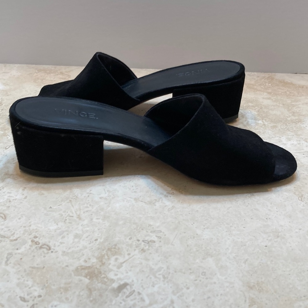 Vince Rachelle-2 Black Suede Block Heel Slide Sandal